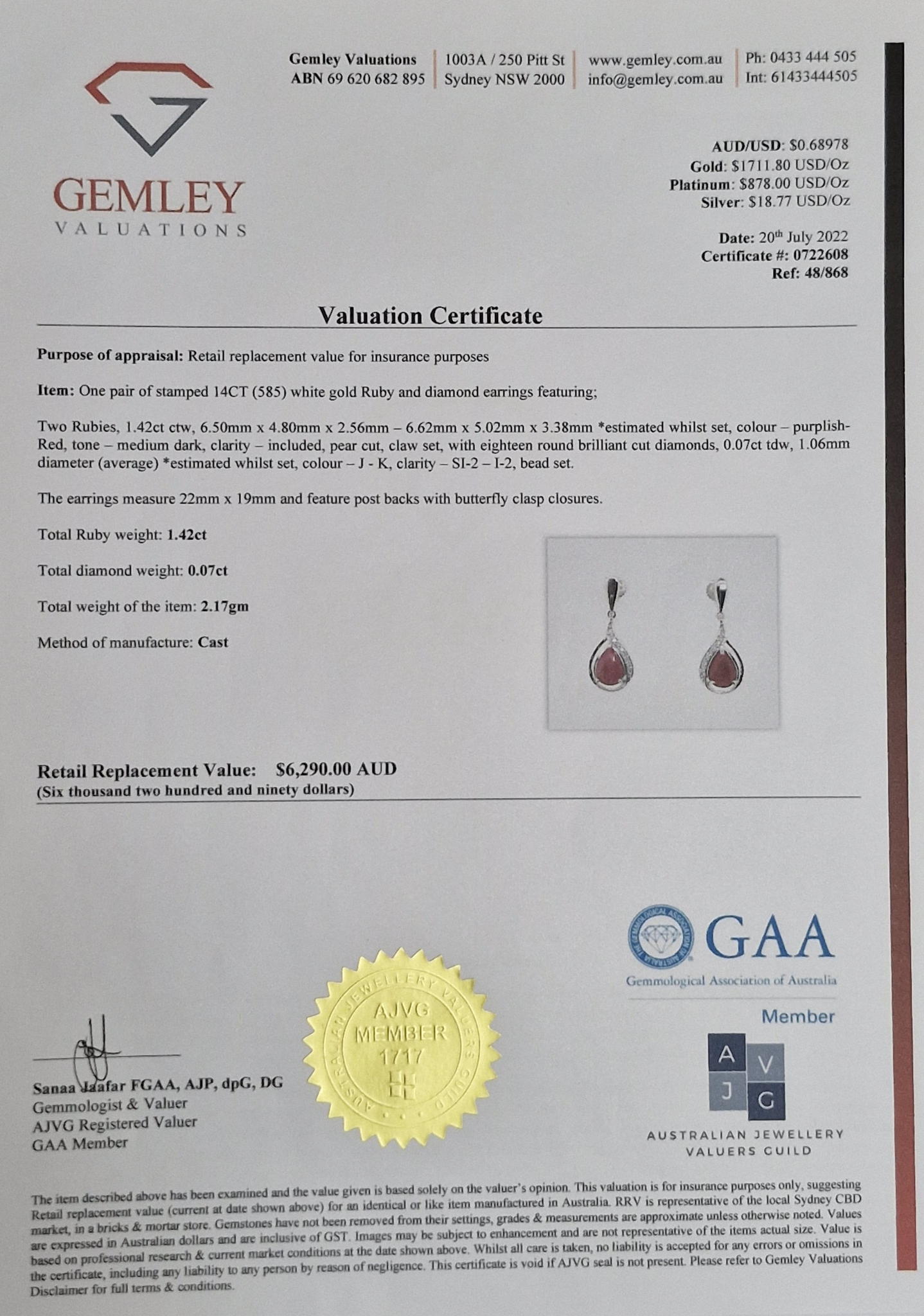 White Gold, Ruby and Diamond Ear Rings - Image 2