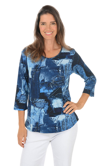 A woman wears a denim printed sleeve top.
