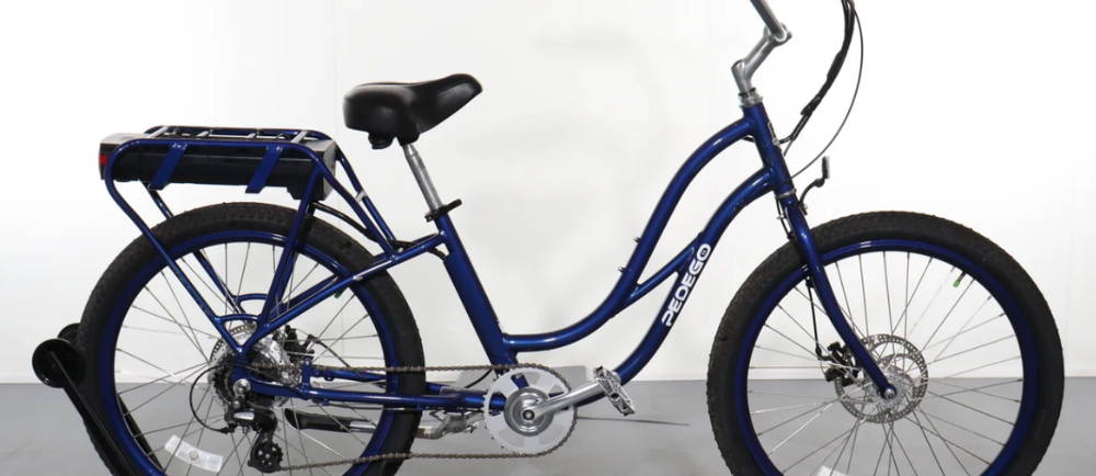 a navy blue Pedego Comfort Cruiser electric cruiser bike