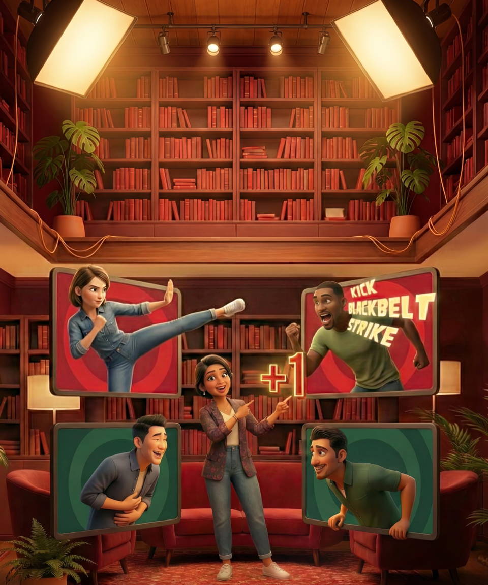 A group of 5 people playing charades. They are in four individual boxes acting out a prompt, and the host guides to show who is the winner.