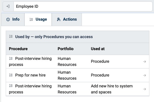 Usage tab listing the Procedures that use a Catalog Field