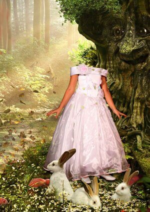 Бесплатный Фотошоп PSD исходник для монтажа - девочка в лесу