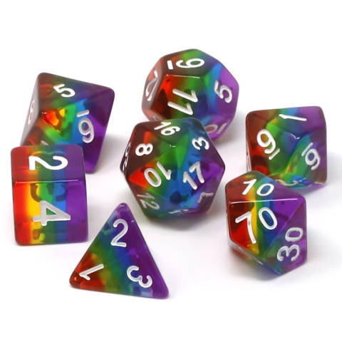 Beautiful resin dice, translucent layers are poured to achieve a rainbow palette.