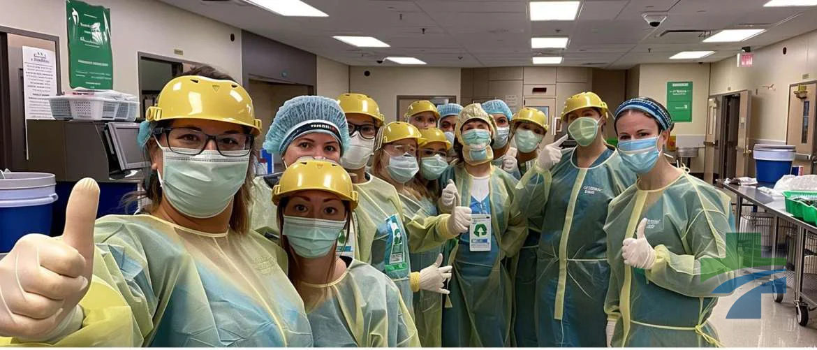 Energetic hospital staff with travel nurses promoting recycling at the cafeteria.