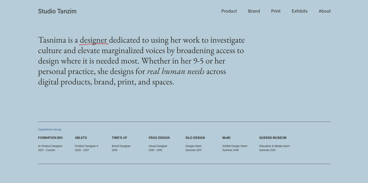 Screenshot of Studio Tanzim, from the product designer portfolios collection.