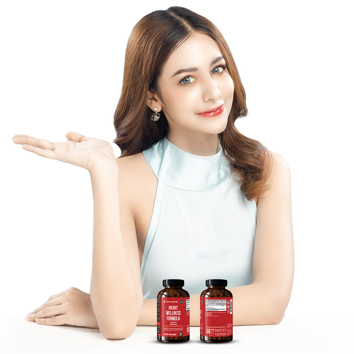 beautiful lady with two bottle of krill oil singapore in front of her