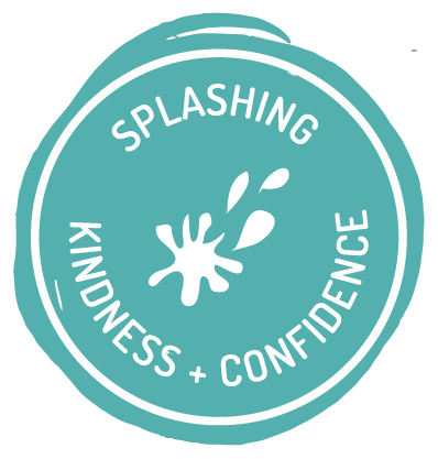 Image of a turquoise, circular icon with the text 'Splashing kindness and confidence'