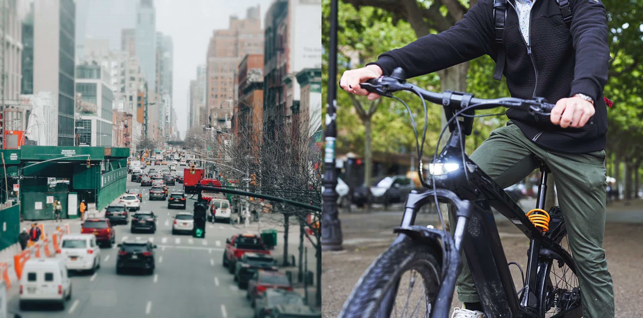 Imagen de recurso de varios coches y una persona dirigiendo una e-bike.