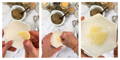 A garlic clove being grated on a white ridged garlic grate plate