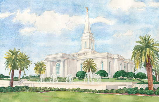Orlando Temple painting standing behind flowing fountains.