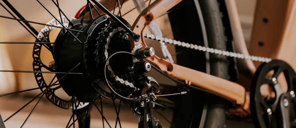 Closeup of hub motor on an e-bike's rear wheel