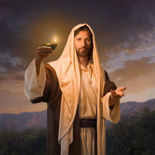 Jesus holding a glowing lamp and extending a hand.