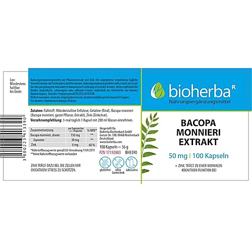 Bacopa Monnieri Extrakt 50 mg 100 Kapseln