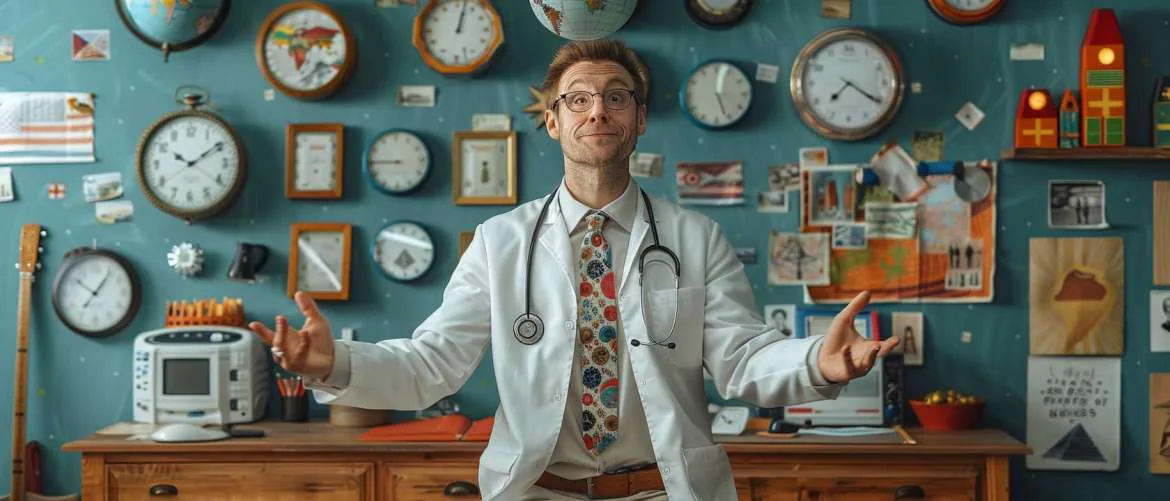 Healthcare professional humorously juggles time zones amidst travel keepsakes.