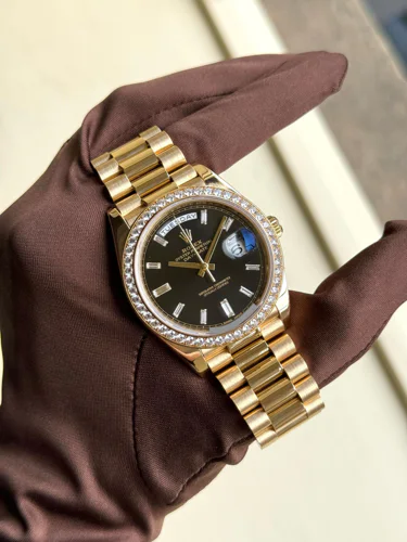 Rolex Day-Date 40 Black Baguette Index Diamond Bezel
