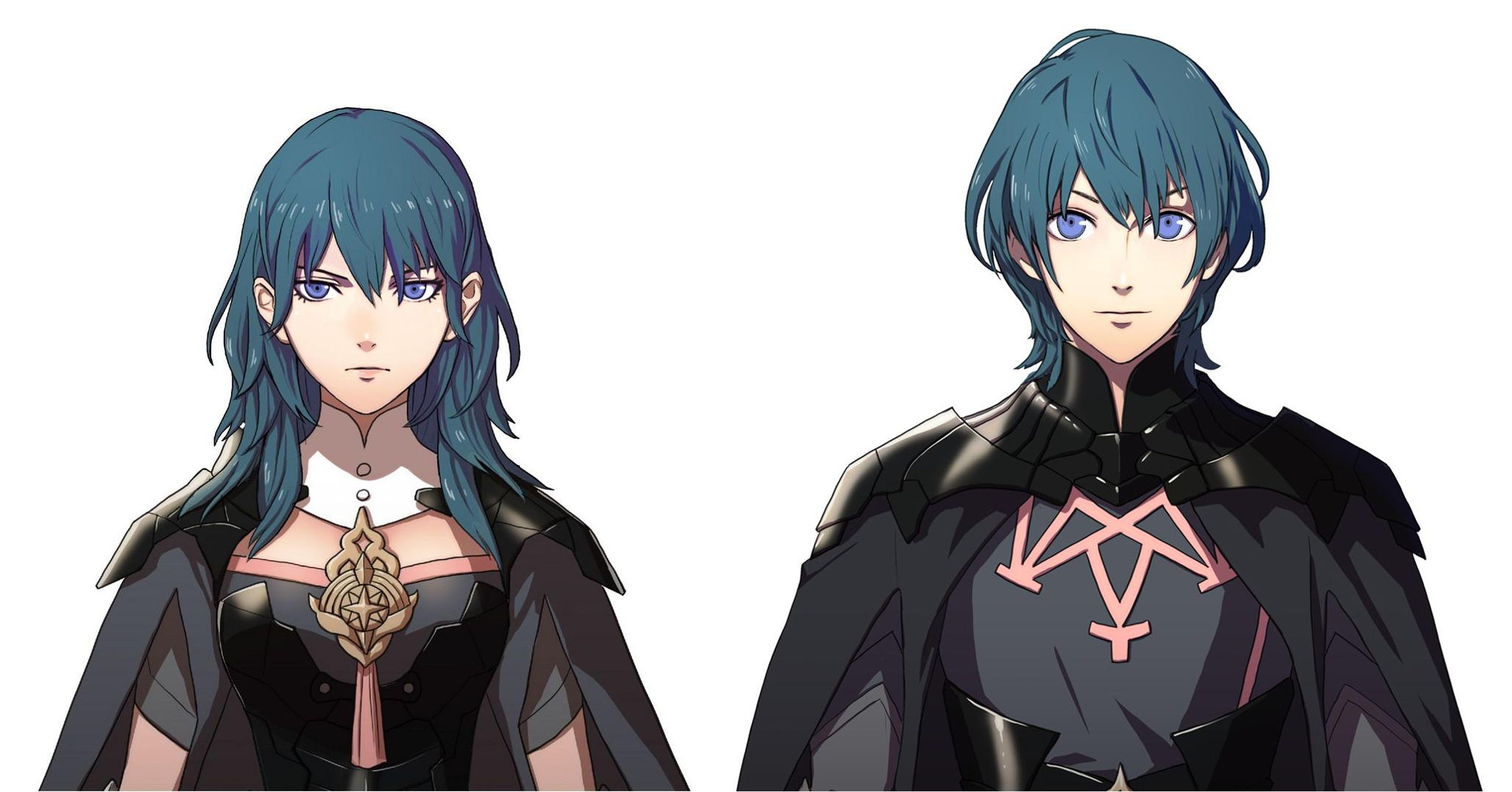 Female and Male Byleth, both are wearing their typical black robes, have dark teal hair, and are against a white background.