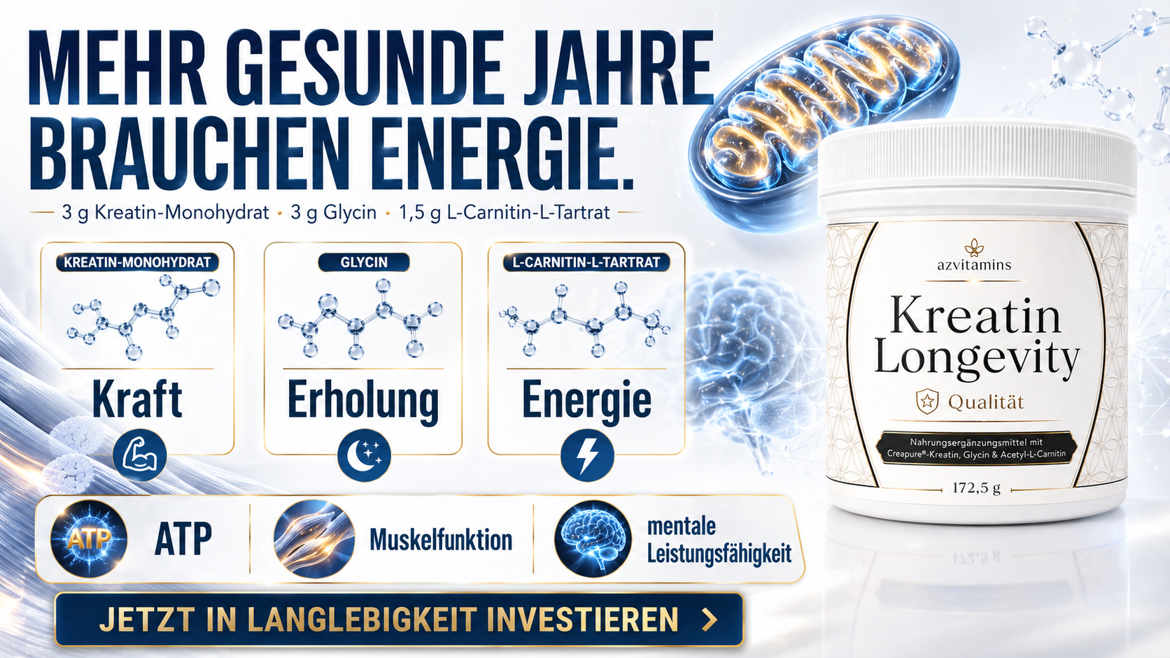 Erklärung der drei Bausteine Kreatinmonohydrat Creapure, Glycin und Acetyl L-Carnitin.