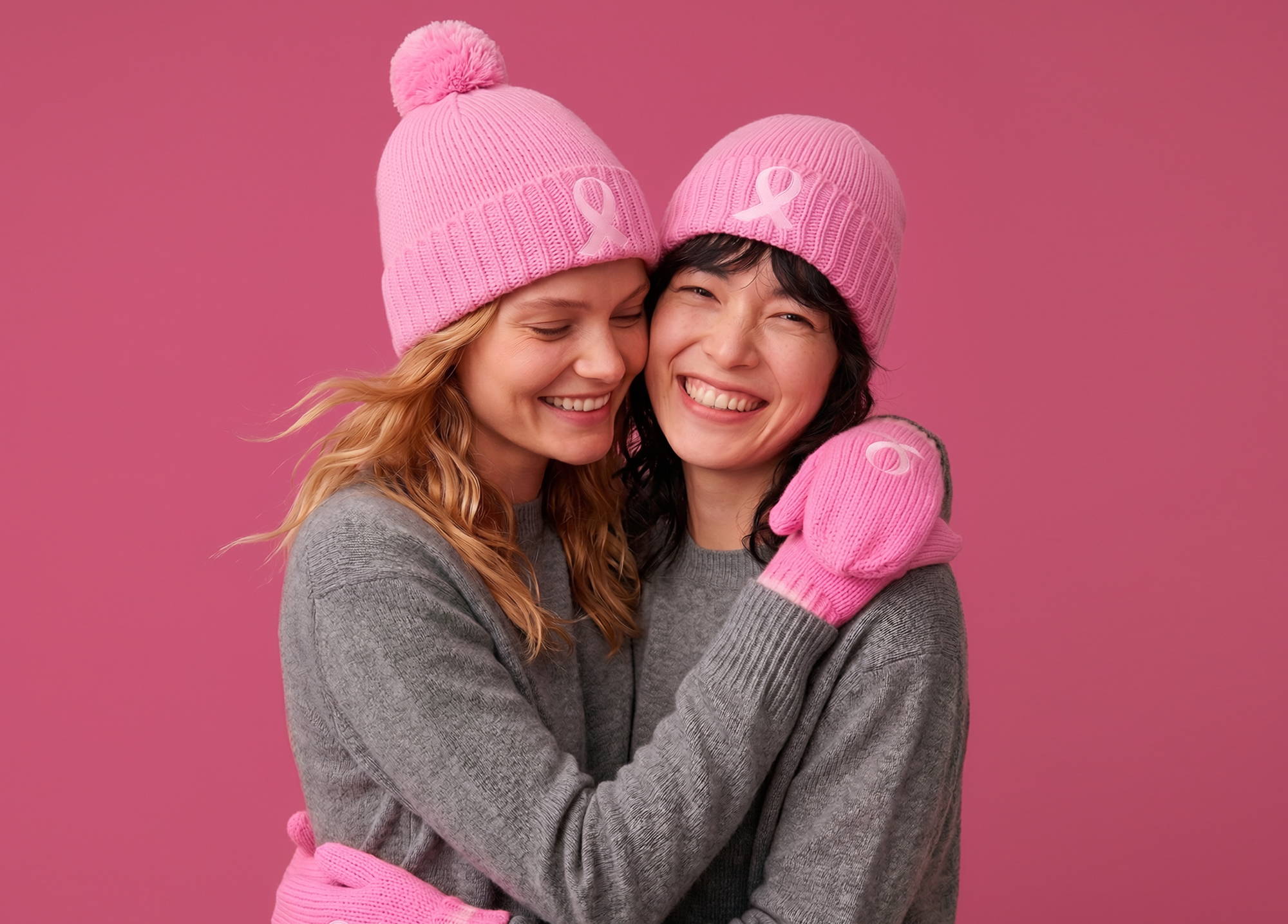 Two women wearing pink Pink Ribbon beanies and mittens in support of breast cancer causes