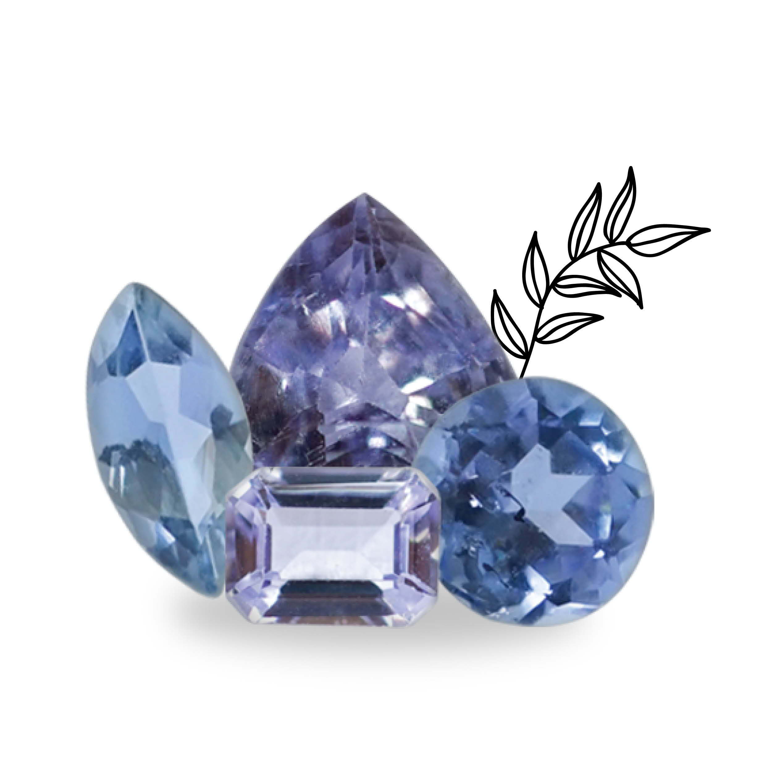 Raw and polished tanzanite from the tanzanite jewelry collection