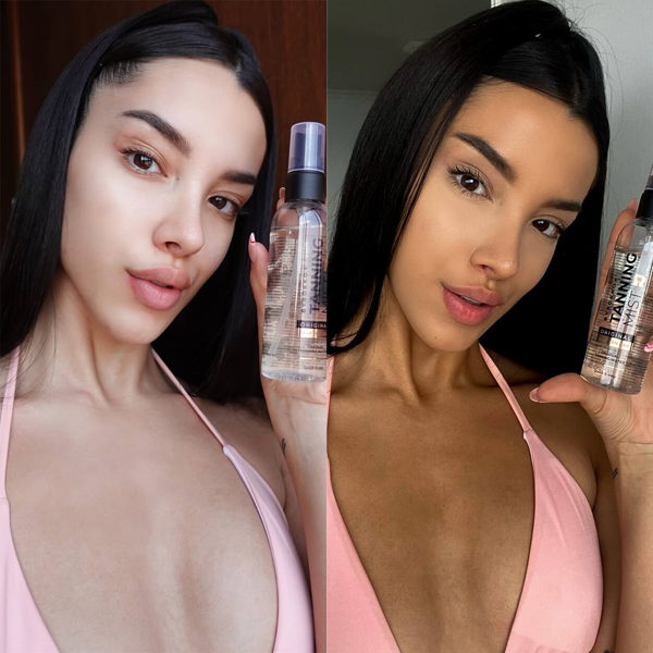 Before and after comparison: amazing tanning results achieved with the use of the product.