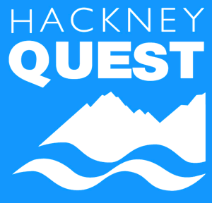 Blue square logo featuring the words Hackney Quest at the top in white. Below the text, a white mountain shape is above two wavy lines, resembling water.
