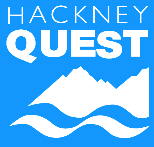 Blue square logo featuring the words Hackney Quest at the top in white. Below the text, a white mountain shape is above two wavy lines, resembling water.