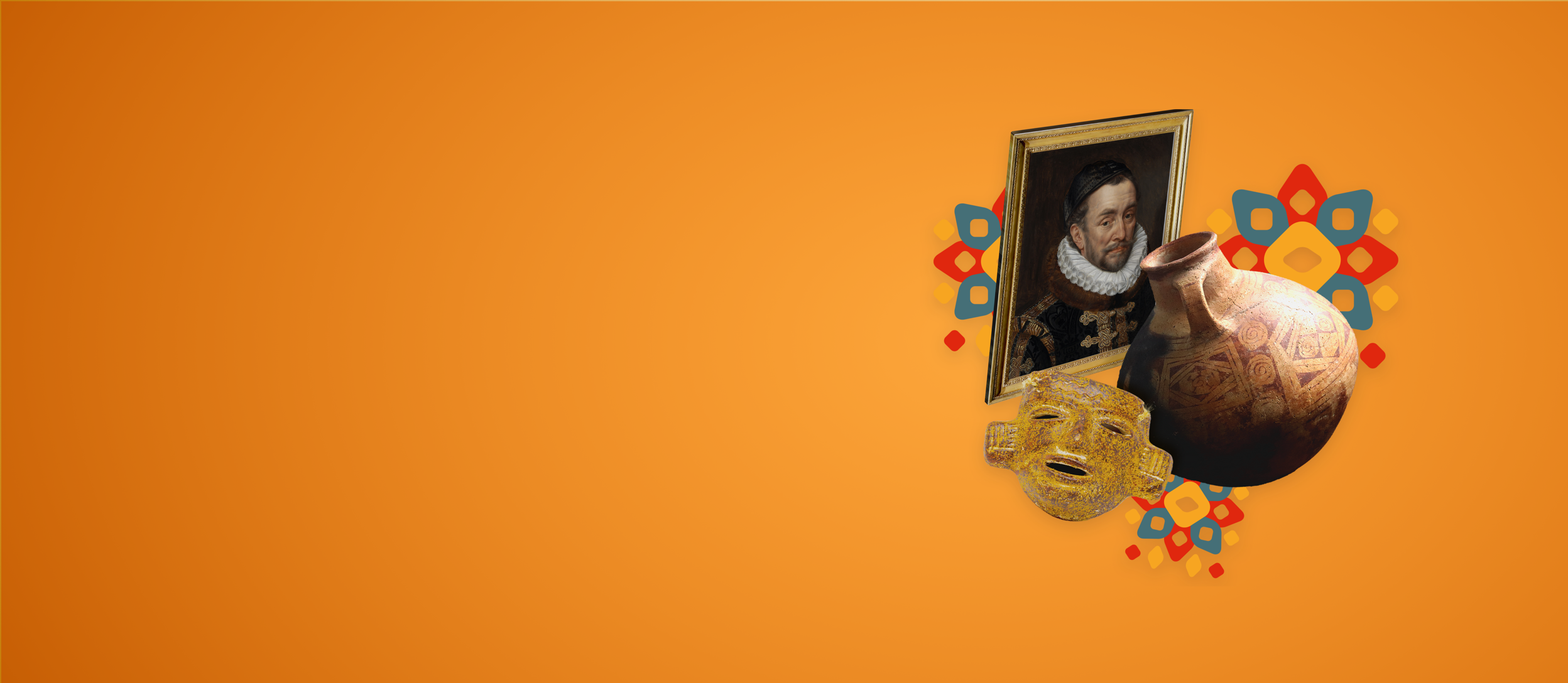 A painting, vase, and other artifacts for Confetti's Virtual Tour Hispanic Art Museum