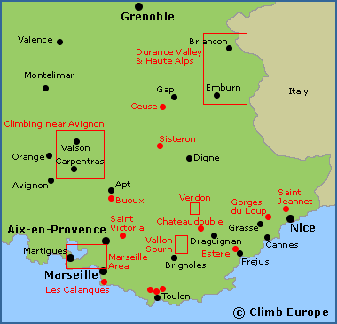 Map of the rock climbing areas in the South East of France