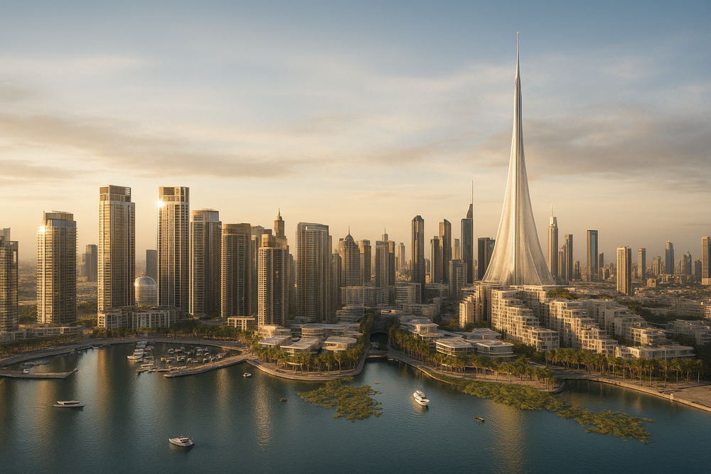 A futuristic city skyline glows during golden hour, featuring modern skyscrapers, a large waterfront with boats, palm trees, and a prominent, sleek white spire building dominating the view.