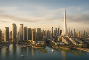 A futuristic city skyline glows during golden hour, featuring modern skyscrapers, a large waterfront with boats, palm trees, and a prominent, sleek white spire building dominating the view.