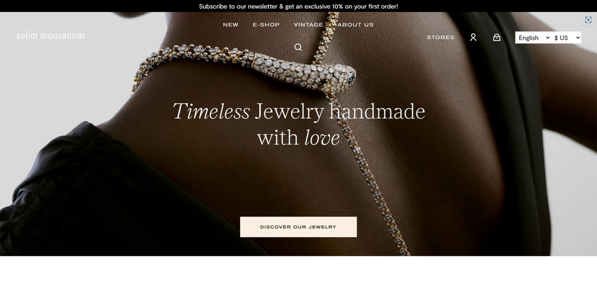 Screenshot of Selim Mouzannar, from the shopify jewelry stores collection.