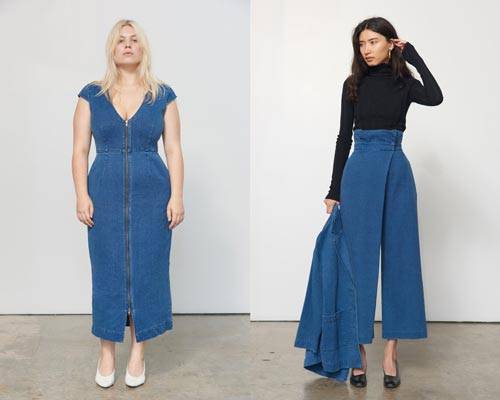 Woman wearing zip up denim dress with scoop plunge neck and woman wearing wide leg high waisted jeans with black turtleneck top, both from sustainable women's luxury brand Mara Hoffman