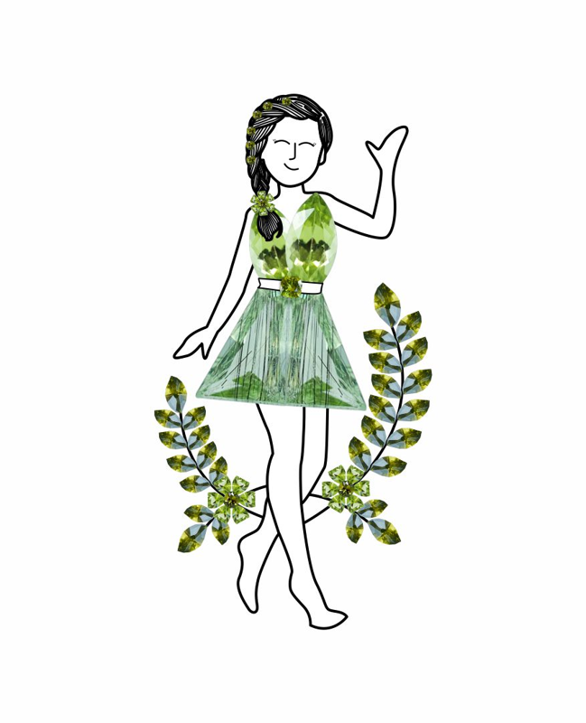 An illustration of a woman wearing green peridot dress