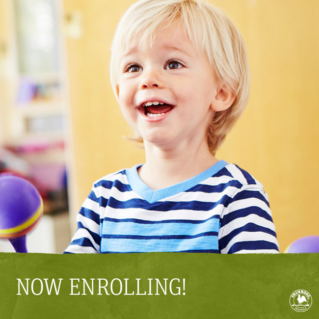 Now enrolling poster featuring a smiling toddler playing the shakers