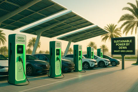 Electric vehicles charging at a modern outdoor station under a large solar panel canopy, with green chargers, palm trees, and a sign for sustainable power.