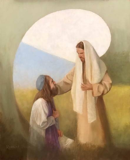 Jesus placing his hand on a kneeling man's shoulder.