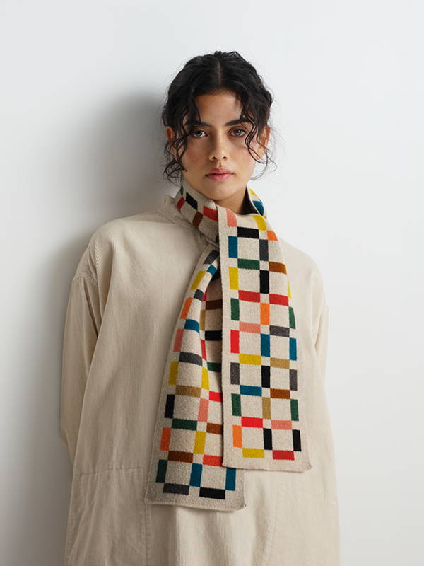 Model wears Small Multicolour Grid Scarf
