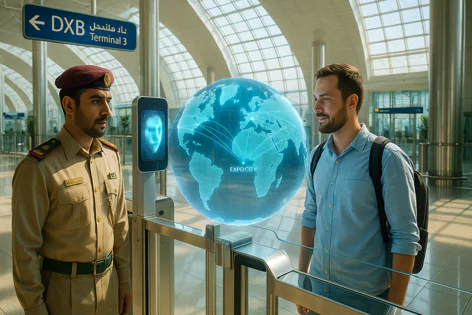 An airport officer and a traveler interact with a facial recognition biometric scanner next to a holographic globe showing global network connections pointing to Expo City.
