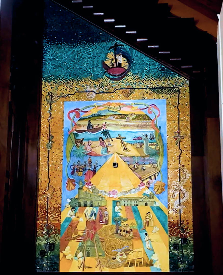 Finished fresco mural with mosaic tile border protected by MuralShield Matte