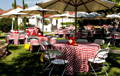 checkered round outdoor tablecloth with umbrella hole