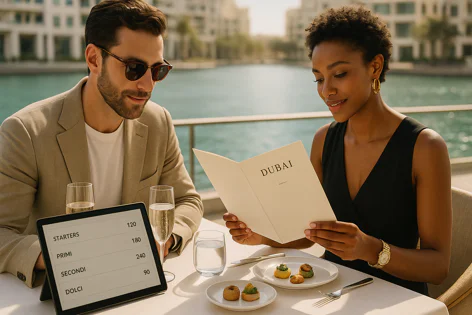 Couple dining outdoors at a restaurant in Dubai, woman reading a paper menu and man looking at a digital tablet menu, with champagne glasses and small appetizers on the table.