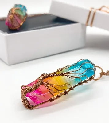 Rainbow Raw Aura Quartz Tree of Life Crystal Pendant - Includes Leather Band