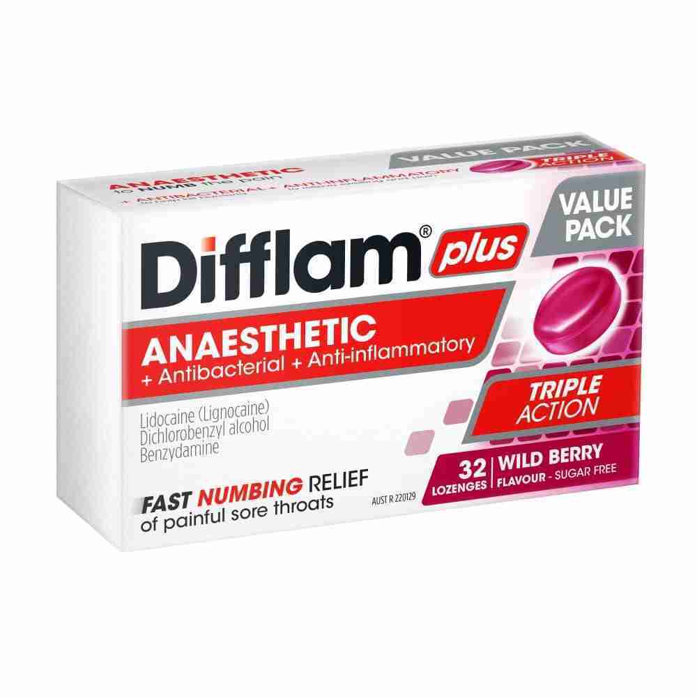Difflam Plus Anaesthetic Sore Throat Triple Action Lozenges Berry Flavour Value Pack 32 Lozenges