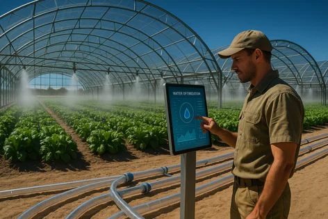 Man using a digital tablet for water optimization in a large greenhouse with rows of green plants and active irrigation sprinklers.