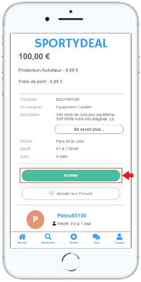 Image smartphone page d'un produitl de l'application / site web SPORTYDEAL, bouton acheter mis en évidence, information sur le produit en haut de page et information sur le vendeur en base de page 