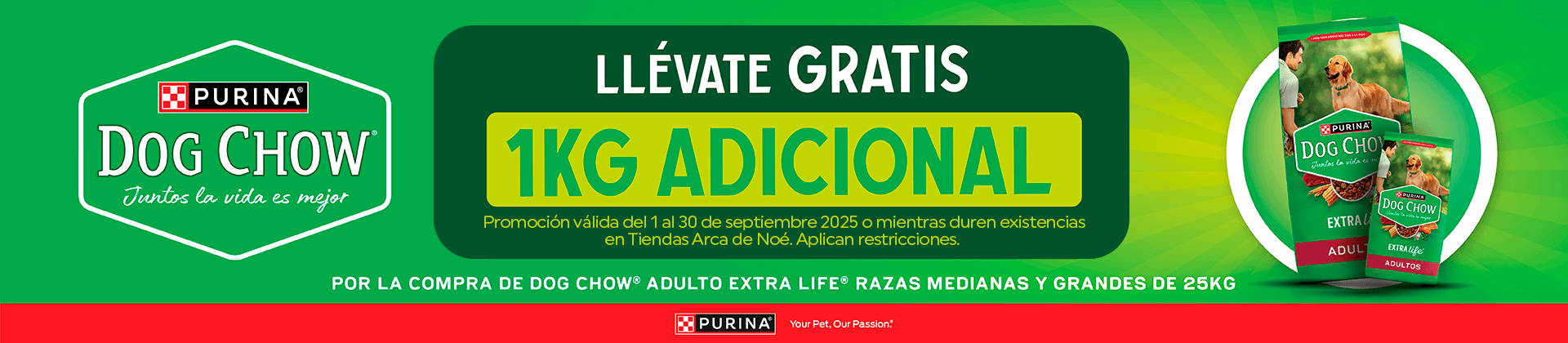 Purina Dog Chow: llévate GRATIS 1kg adicional por la compra de dog chow adulto extra life razas medianas y grandes de 25kg.