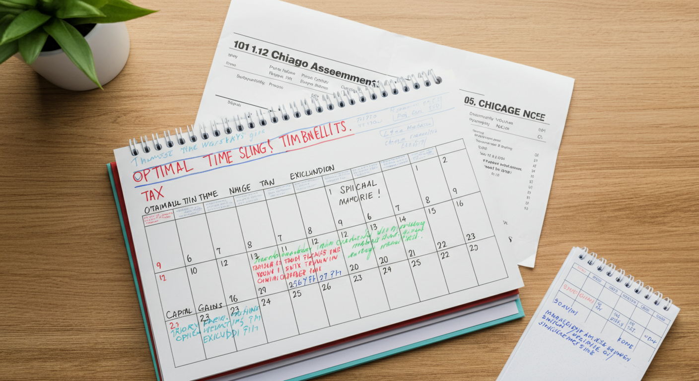 A calendar marked with optimal home selling timeframes to maximize tax benefits, with notes about the capital gains exclusion requirements. Tax documents and a Chicago property assessment notice are neatly arranged beside it.