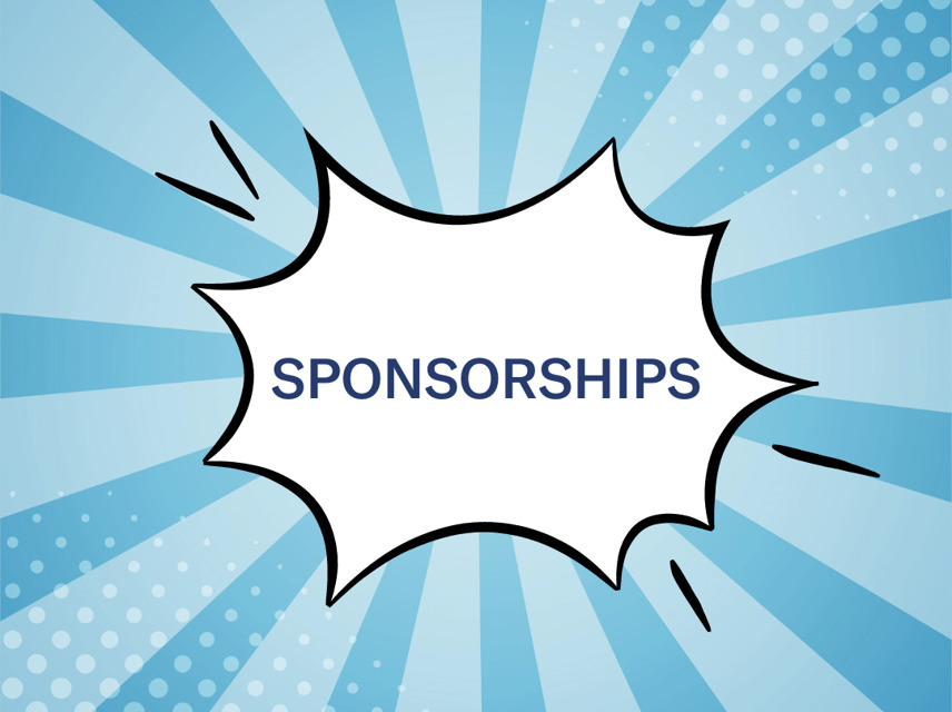 "sponsorships" on a blue comic background
