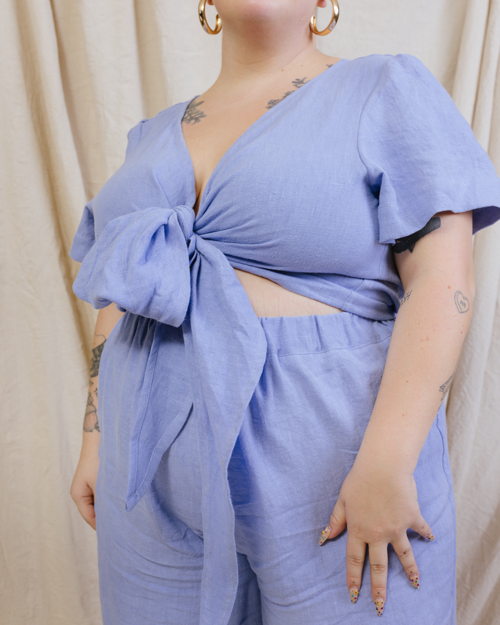 Tied Back to Front Top in Cornflower Linen