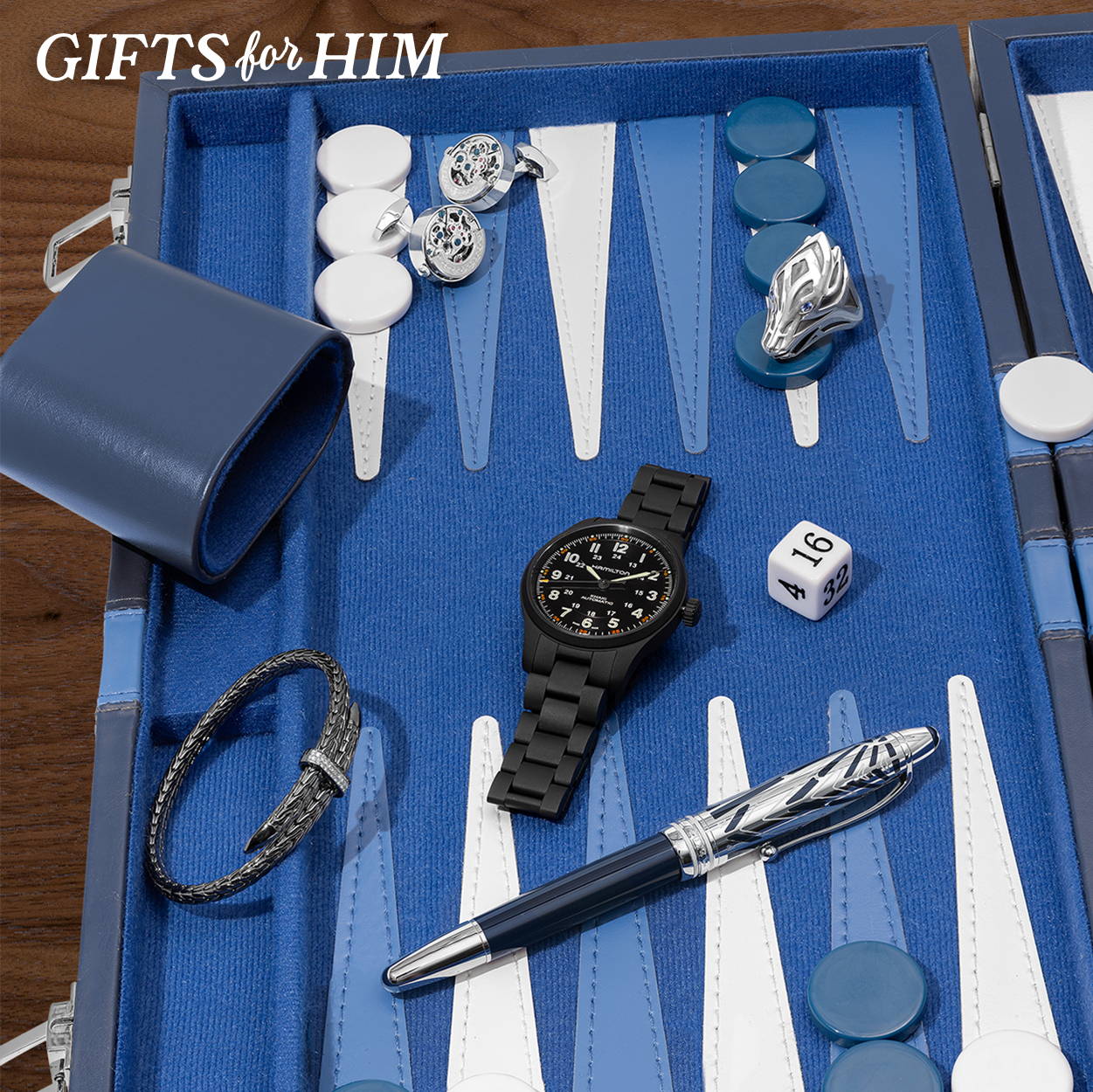 GIfts for Him collectio featured in an image of a backgammon game board
